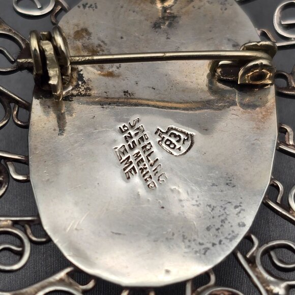 VTG EME 83 Sterling Silver 925 Green Onyx Filigree Brooch Pendant 2" Mexico - Picture 6 of 9